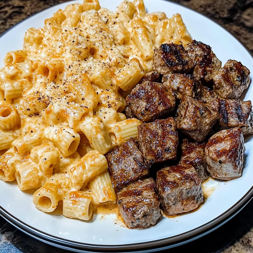 CAJUN STEAK TIPS IN CHEESY RIGATONI PARMESAN SAUCE