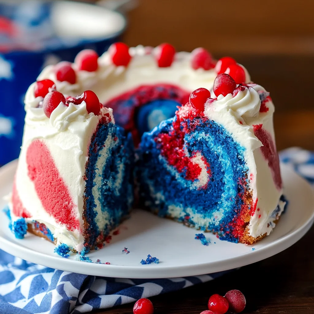 Cherry Vanilla Cake with Red, White, & Blue Swirl Frosting