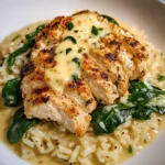Creamy Garlic Chicken with Parmesan Rice and Spinach
