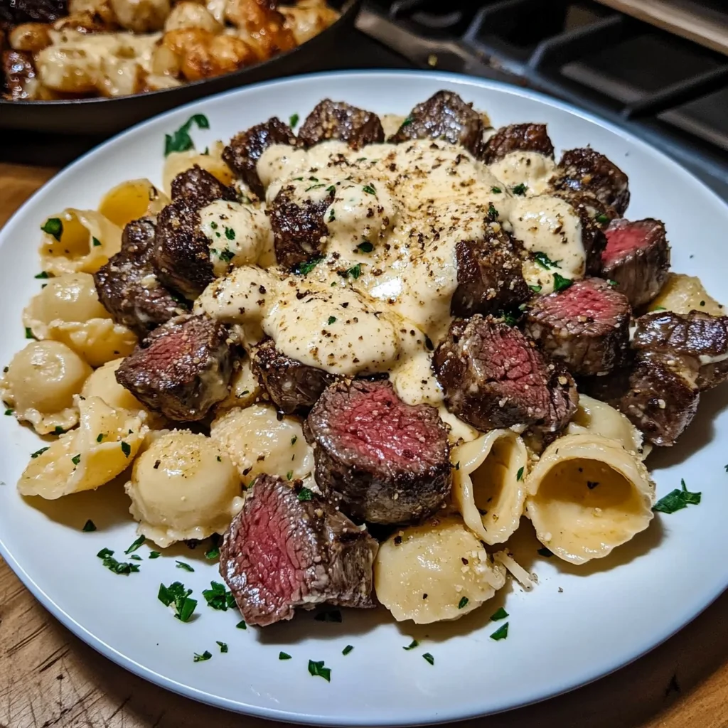 Garlic Butter Steak Bites with Creamy Parmesan Shells