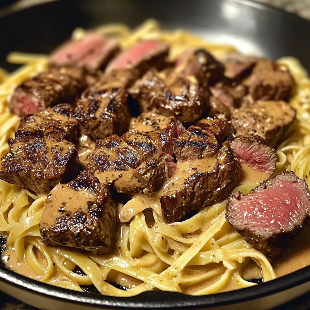 SMOKY CAJUN STEAK TIPS OVER VELVETY FETTUCCINE