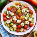 Tomato Cucumber Avocado Salad with Mozzarella and Basil Pesto