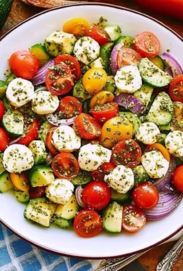 Tomato Cucumber Avocado Salad with Mozzarella and Basil Pesto