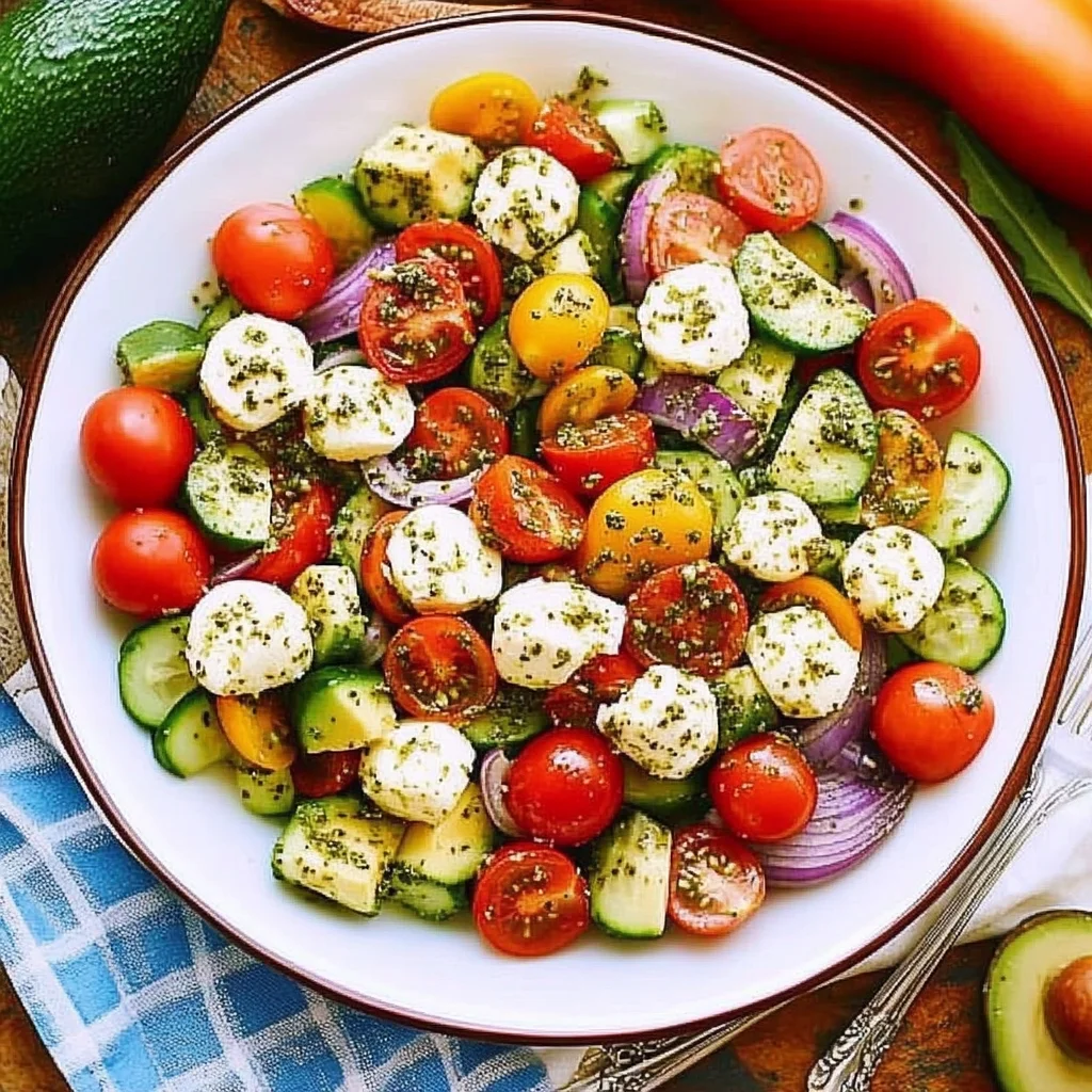 Tomato Cucumber Avocado Salad with Mozzarella and Basil Pesto
