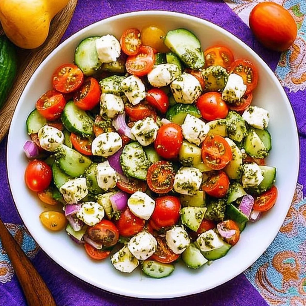 Tomato Cucumber Avocado Salad with Mozzarella and Basil Pesto