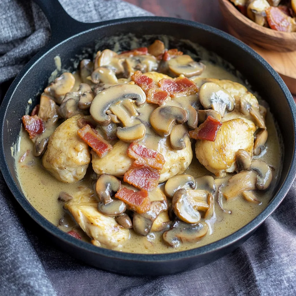One Skillet Keto Chicken with Bacon Mushroom Gravy