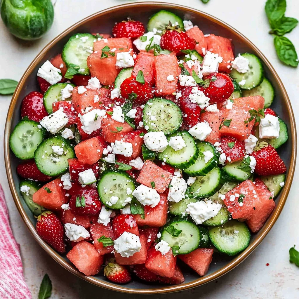 Watermelon Cucumber Salad with Strawberries and Feta