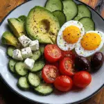 Avocado & Soft-Boiled Egg Breakfast Plate with Feta, Olives & Veggies