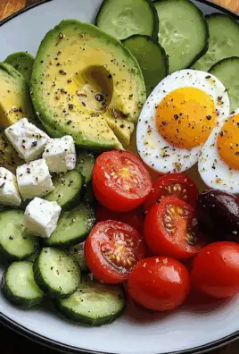 Avocado & Soft-Boiled Egg Breakfast Plate with Feta, Olives & Veggies