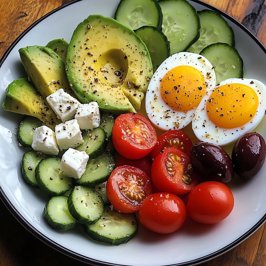 Avocado & Soft-Boiled Egg Breakfast Plate with Feta, Olives & Veggies