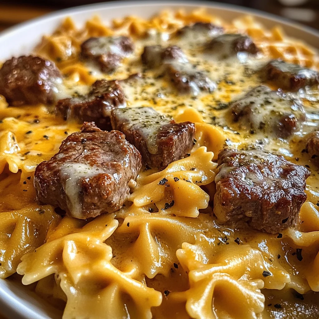 Beef and Bowtie Pasta in Cheddar Sauce