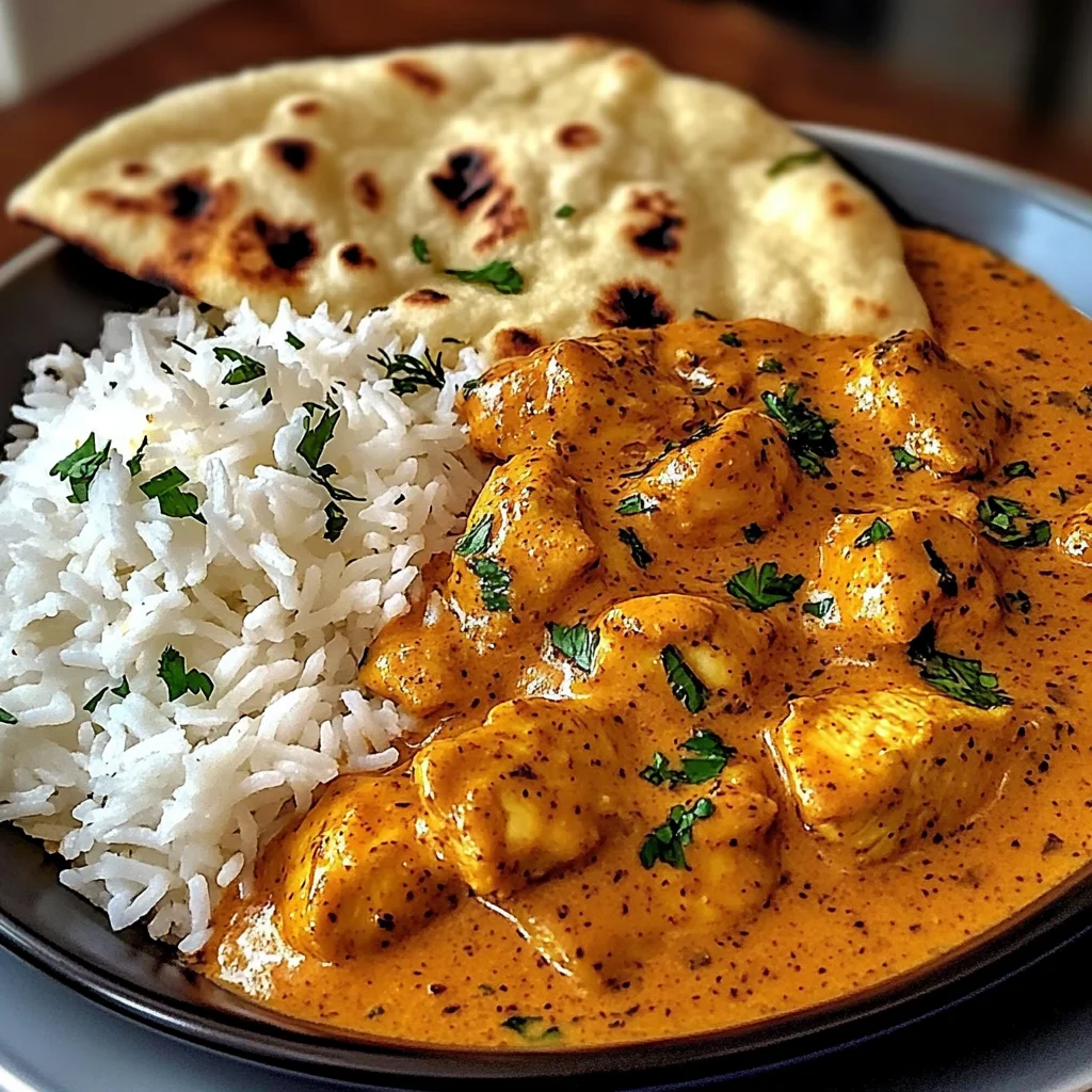 Butter Chicken with Coriander, Rice, and Naan