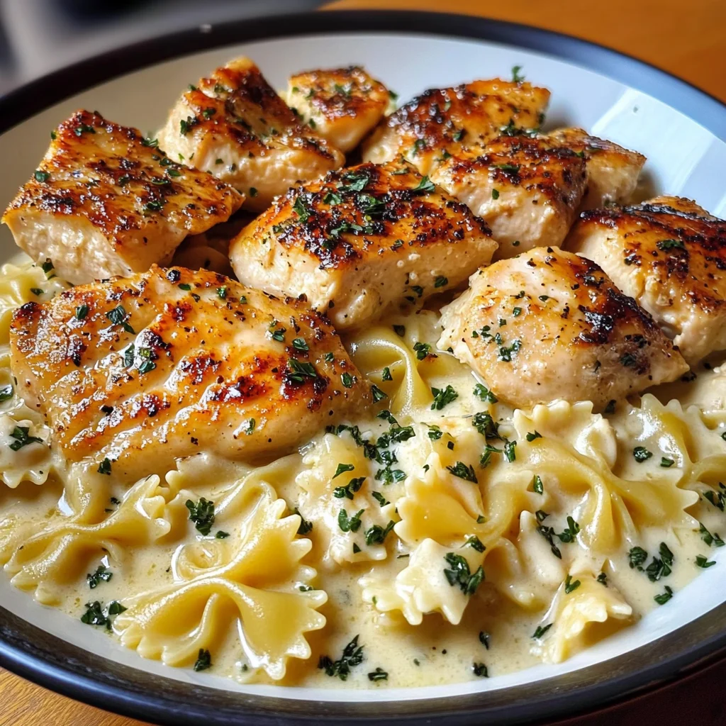 Cheesy Garlic Butter Chicken with Bowtie Pasta and Creamy Sauce