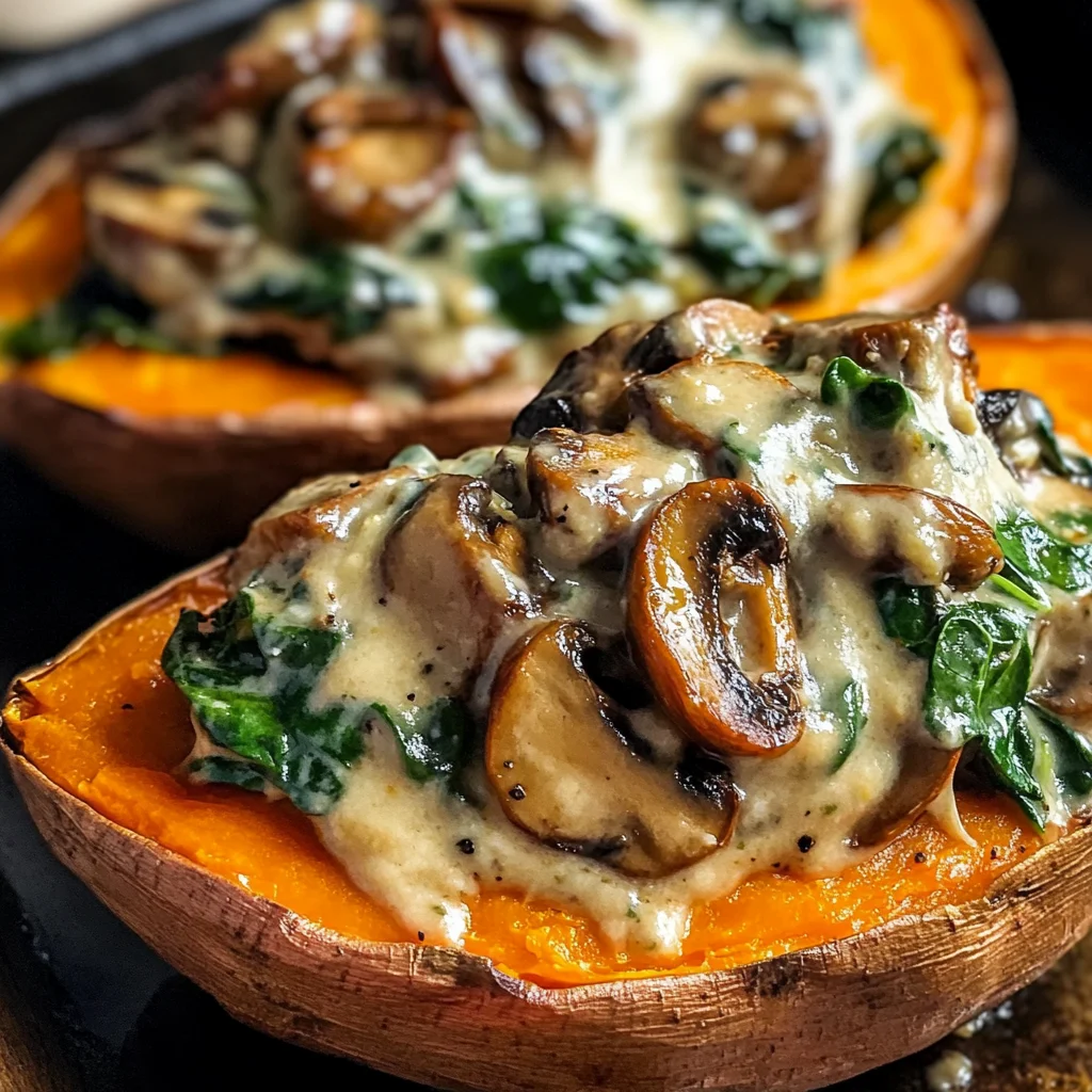 Creamy Mushroom and Spinach Stuffed Sweet Potatoes