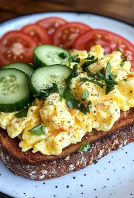 Creamy Scrambled Egg Toast with Fresh Cucumber & Tomato Slices