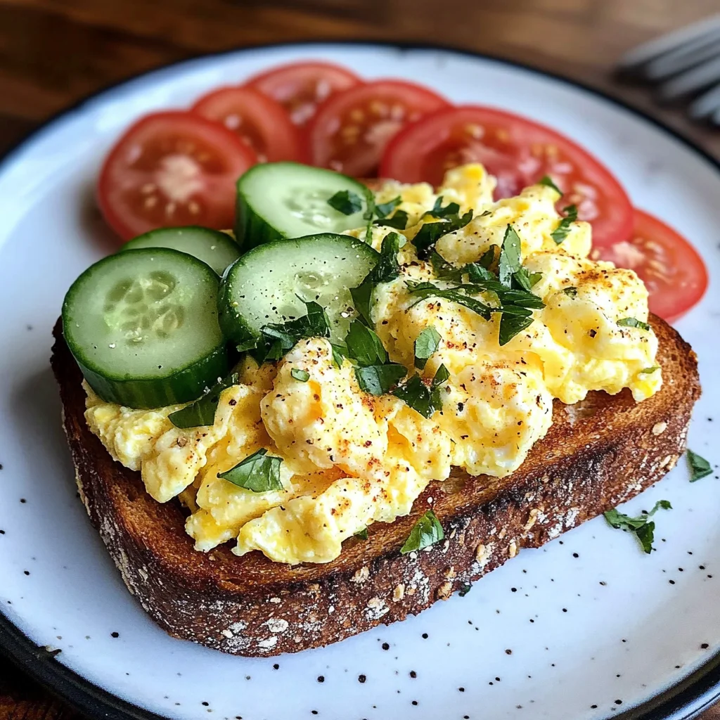 Creamy Scrambled Egg Toast with Fresh Cucumber & Tomato Slices