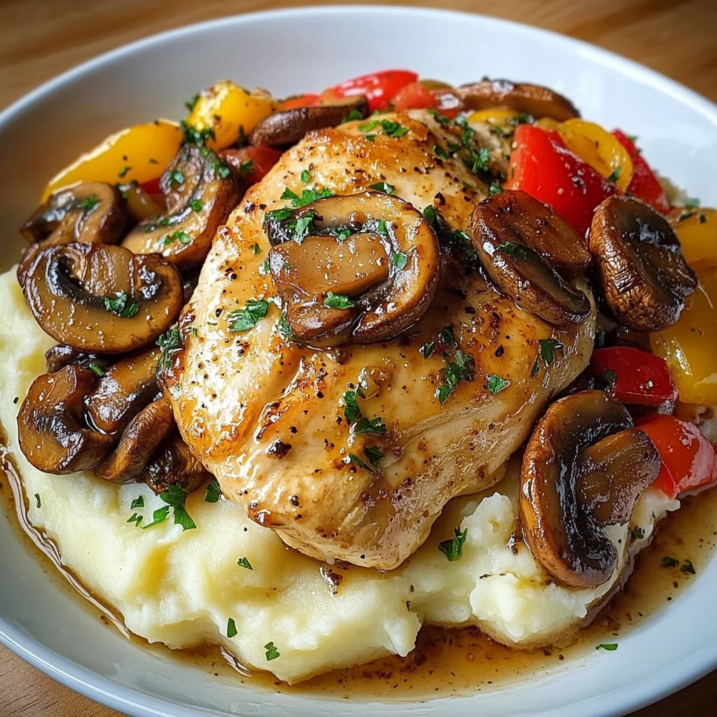 Garlic Butter Chicken with Mushrooms, Peppers & Mashed Potatoes