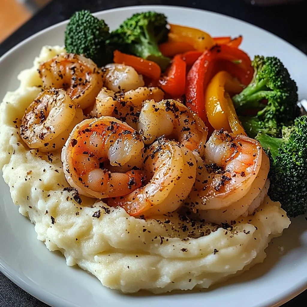 Garlic Butter Shrimp with Sautéed Veggies & Creamy Mashed Potatoes