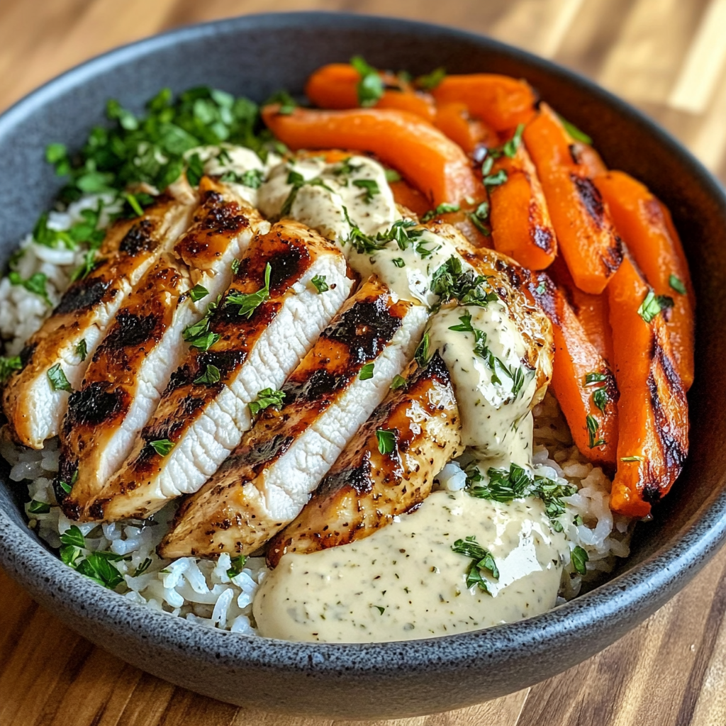 Grilled Chicken Bowl with Herbed Rice, Glazed Carrots & Creamy Sauce