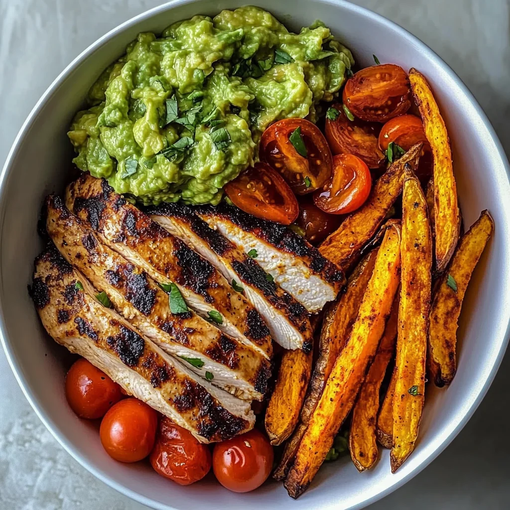 Grilled Chicken Power Bowl with Sweet Potato Fries & Guacamole