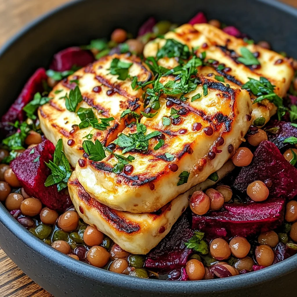 Halloumi with Lemony Lentils, Chickpeas and Beets