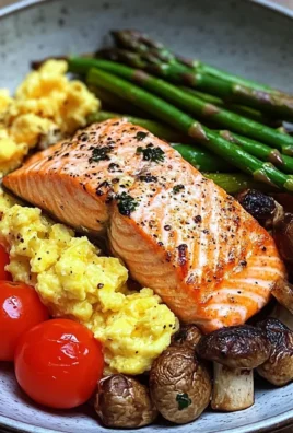 Salmon Power Bowl with Scrambled Eggs, Asparagus & Sauted Mushrooms