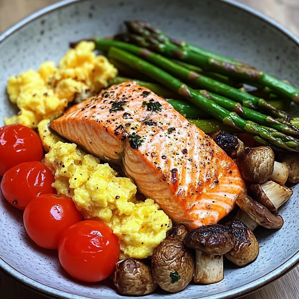 Salmon Power Bowl with Scrambled Eggs, Asparagus & Sauted Mushrooms