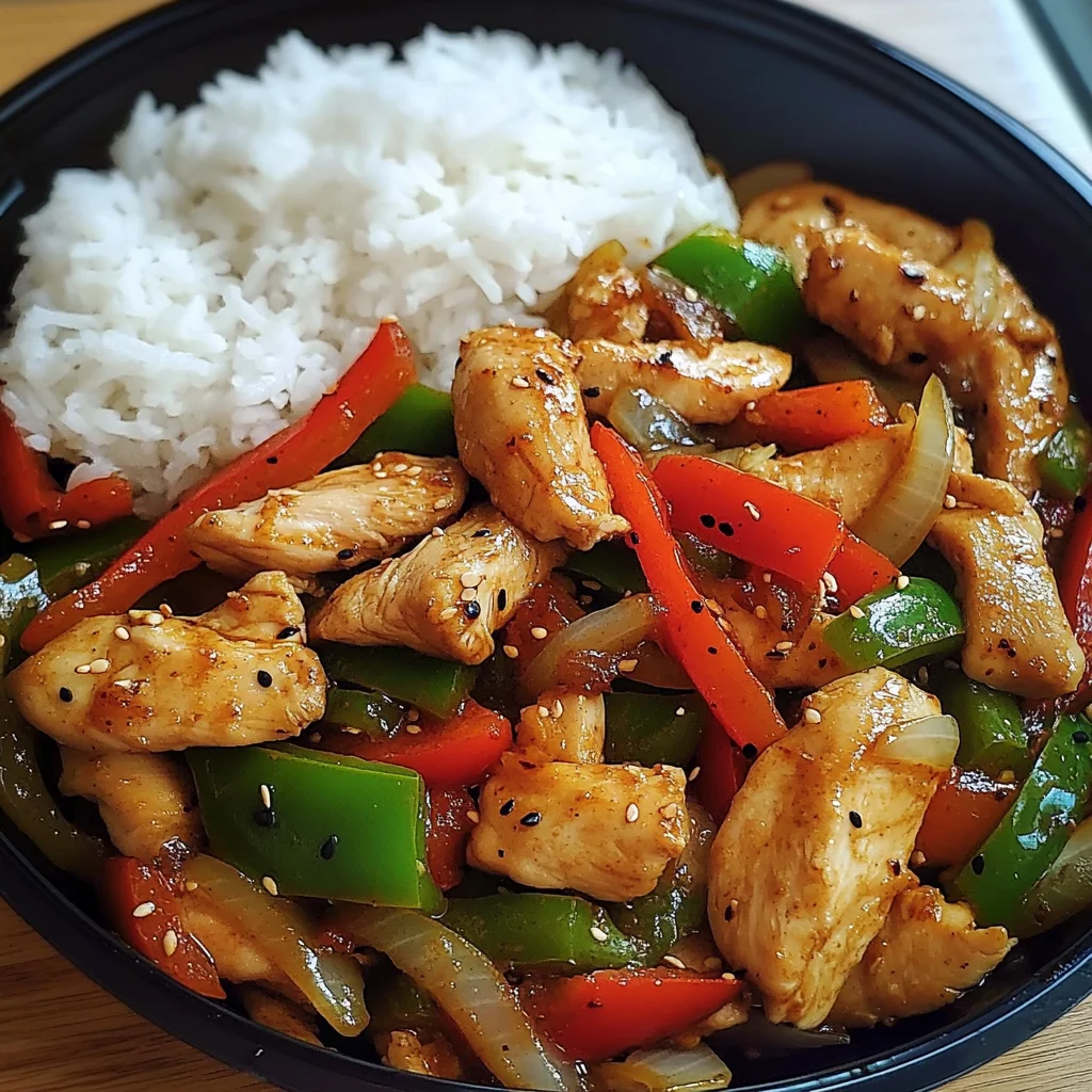 Spicy Garlic Pepper Chicken Stir-Fry with Steamed Rice